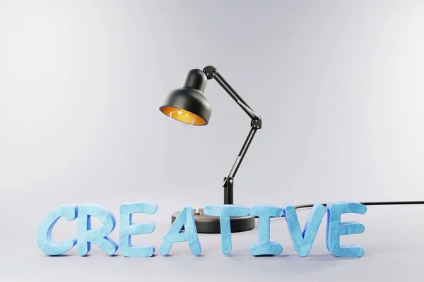 工业风格灰色表面台灯 具有粘土风格的字体创意 概念3D艺术家设计 3D图解 — 图库照片
