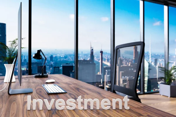 Investment Office Chair Front Workspace Computer Skyline View Investment Concept — Stock Photo, Image