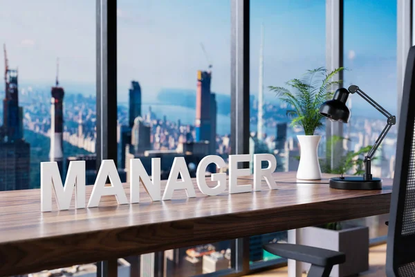 Manager Bürostuhl Vor Dem Arbeitsplatz Und Panoramablick Auf Die Skyline — Stockfoto