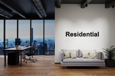 Ufuk çizgisi manzaralı lüks çatı katı ve klasik kanepe ve bilgisayar çalışma alanı, konut harfleri olan duvar, 3 boyutlu illüstrasyon