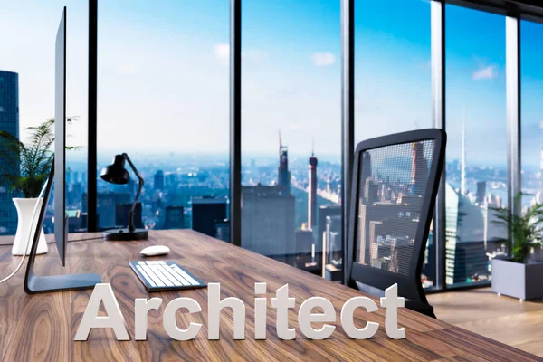 Architekt Krzesło Biurowe Przed Przestrzenią Roboczą Widokiem Komputer Panoramę Koncepcja — Zdjęcie stockowe