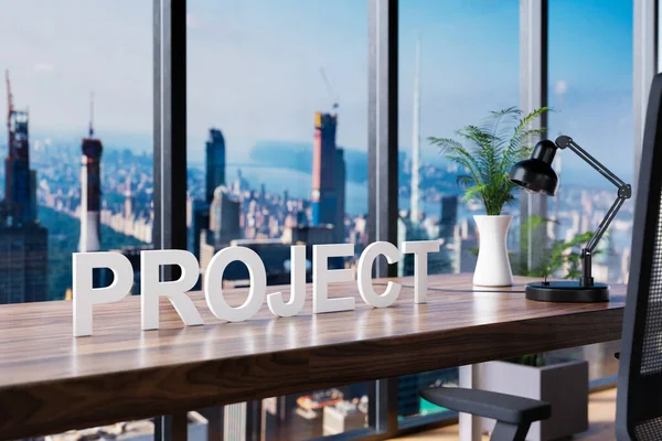 Project Bureaustoel Voor Werkruimte Panoramisch Uitzicht Skyline Bedrijfsconcept Illustratie — Stockfoto