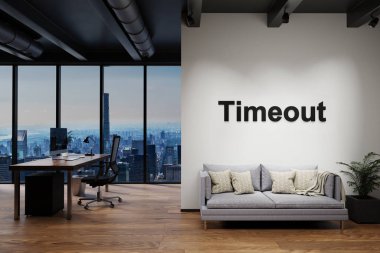 Ufuk çizgisi manzaralı lüks çatı katı ve klasik kanepe ve bilgisayar çalışma alanı, zaman aşımlı harfli duvar, 3 boyutlu illüstrasyon