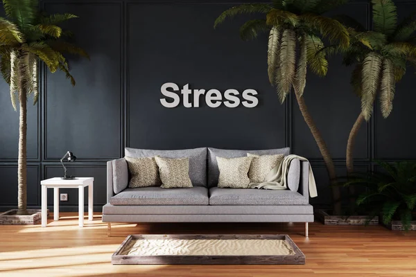 大きなヤシの木の間にヴィンテージソファとエレガントなリビングルームのインテリア ストレス 3Dイラスト — ストック写真