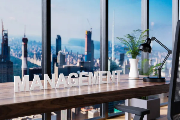 Business Office Chair Front Workspace Panoramic Skyline View Management Concept — Stock fotografie