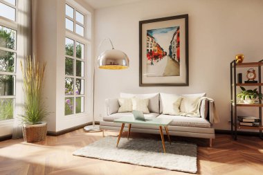 İskandinav ve endüstriyel stil dekoru olan şık minimalist oturma odası; gri renkli kahve sehpası ve dizüstü bilgisayarı olan vintage kanepe; duvarda renkli suluboya resim; 3D