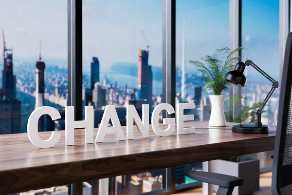 Veränderung Bürostuhl Vor Dem Arbeitsplatz Und Panoramablick Auf Die Skyline — Stockfoto