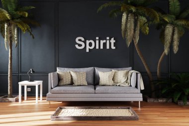 Büyük palmiye ağaçları arasında klasik kanepe ile zarif bir oturma odası; ruh 3D İllüstrasyon