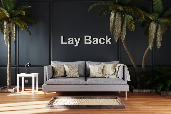 elegant living room interior with vintage sofa between large palm trees; lay back 3D Illustration