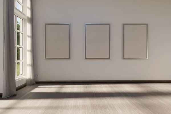 Комната Тремя Белыми Холстами Картины Белой Стене Окне Пустой Внутренний — стоковое фото