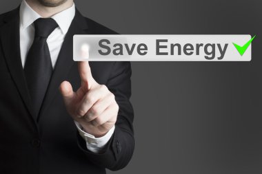 businessman pushing flat touchscreen button save energy clipart
