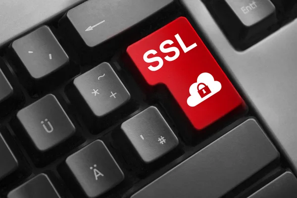 Dark keyboard red enter button ssl lock cloud symbol — Stock Photo, Image