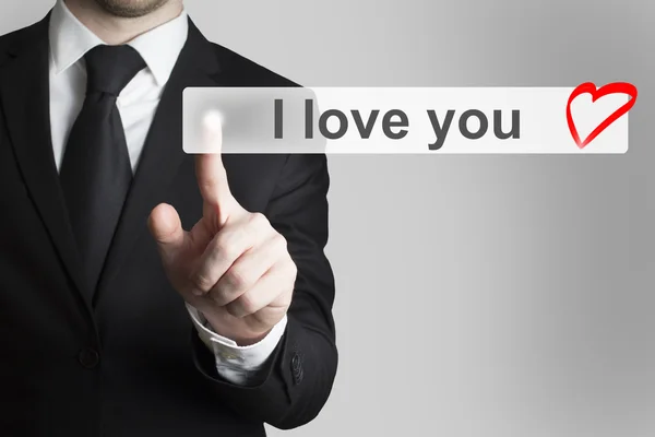 Businessman pushing flat touchscreen button i love you — Stock Photo, Image