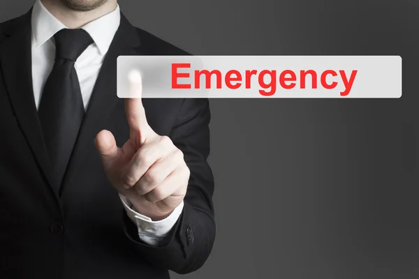 Businessman pushing flat button emergency — Stock Photo, Image