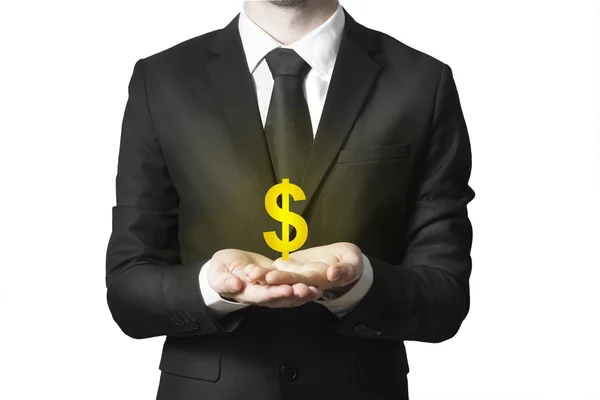 Üzletember szolgáló kézmozdulat dollár szimbólum — Stock Fotó