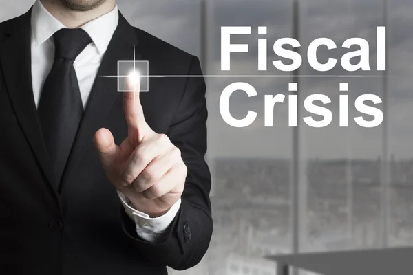 Empresario pulsando botón crisis fiscal — Foto de Stock