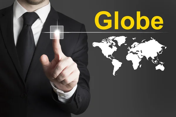 Businessman pushing button globe international — Stock Photo, Image