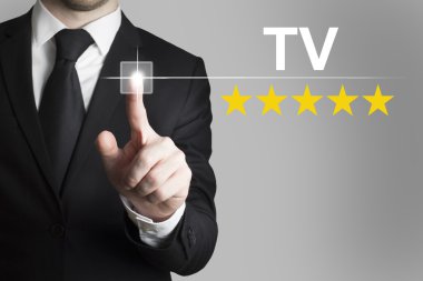 businessman pushing button tv five rating stars clipart