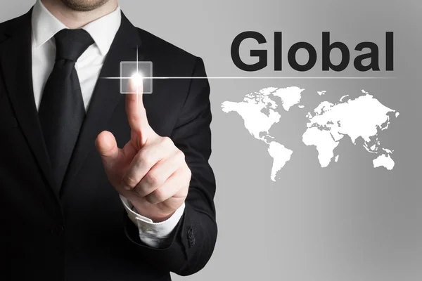 Businessman pushing button global worldmap — Stock Photo, Image