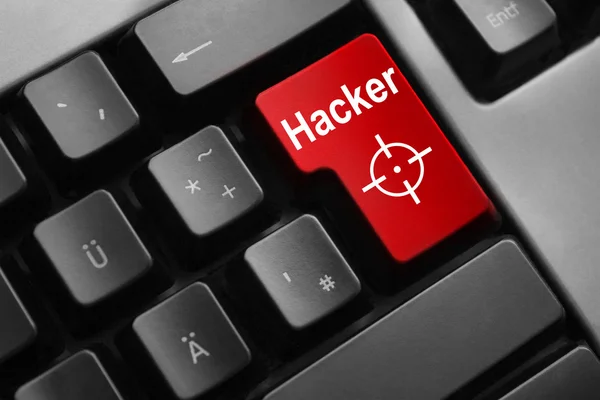 Grey keyboard red enter button hacker attack hairline cross — Stock Photo, Image