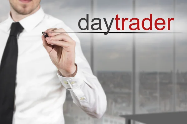 Işadamı daytrader havada yazma — Stok fotoğraf