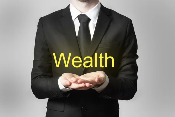 Businessman offering wealth with open hands — Stock Photo, Image