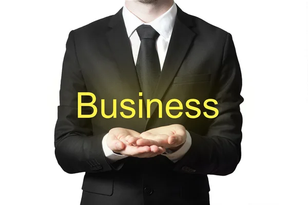 Biznesmen z firmy otwartej ręce na białym tle — Zdjęcie stockowe