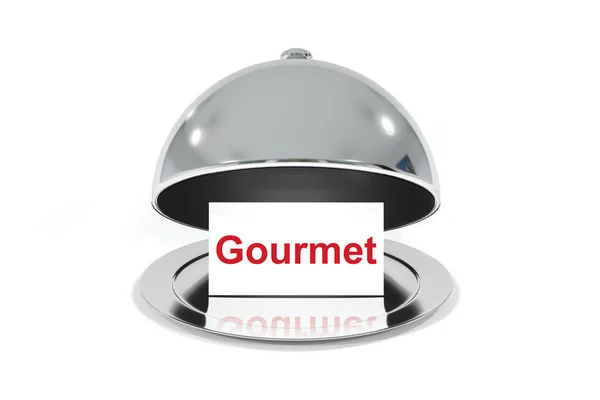 Opened silver cloche with white sign gourmet — Stock Photo, Image