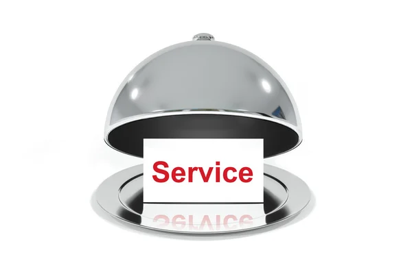 Opened silver cloche with white sign service — Stock Photo, Image