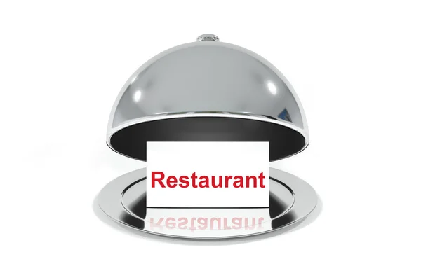 Cloche de plata abierto con signo blanco restaurante — Foto de Stock