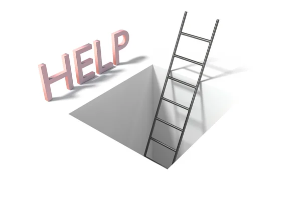 Ladder in square hole over white surface help illustration — Stock Photo, Image
