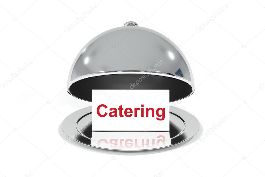 Opened silver cloche with white sign catering