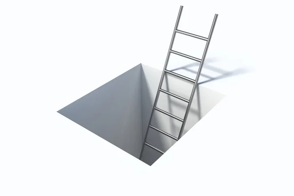 Лестница в квадратном отверстии над белой поверхностью — стоковое фото