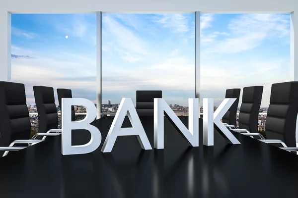 Białe stałego logo banku na panoramę biurko biuro konferencji — Zdjęcie stockowe