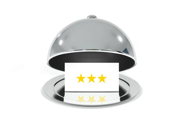 Geöffnete silberne Cloche mit weißem Zeichen drei Sterne Bewertung — Stockfoto