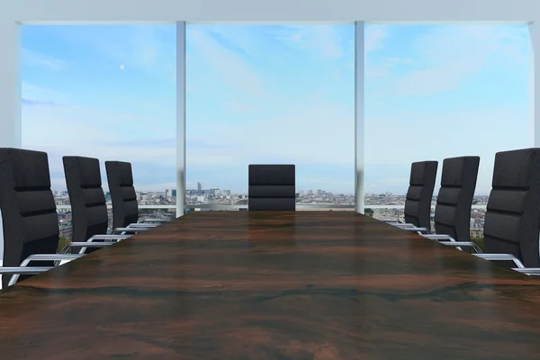 Salle de conférence avec grand bureau en bois et fenêtre skyline — Photo