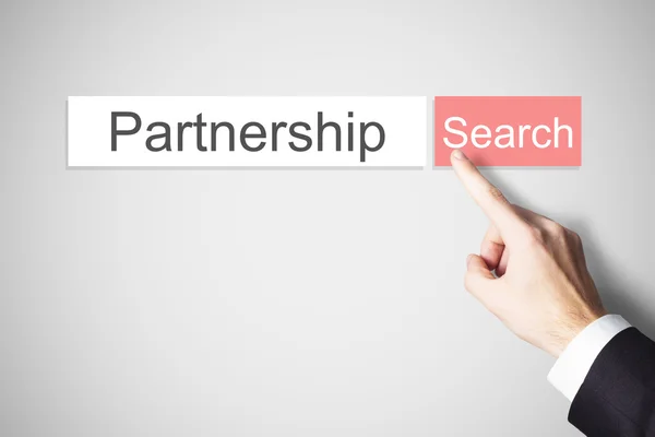 Finger pushing red search button partnership dating — Stock Photo, Image