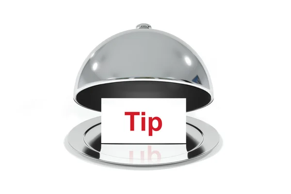 Opened silver cloche with white sign tip — Stock Photo, Image