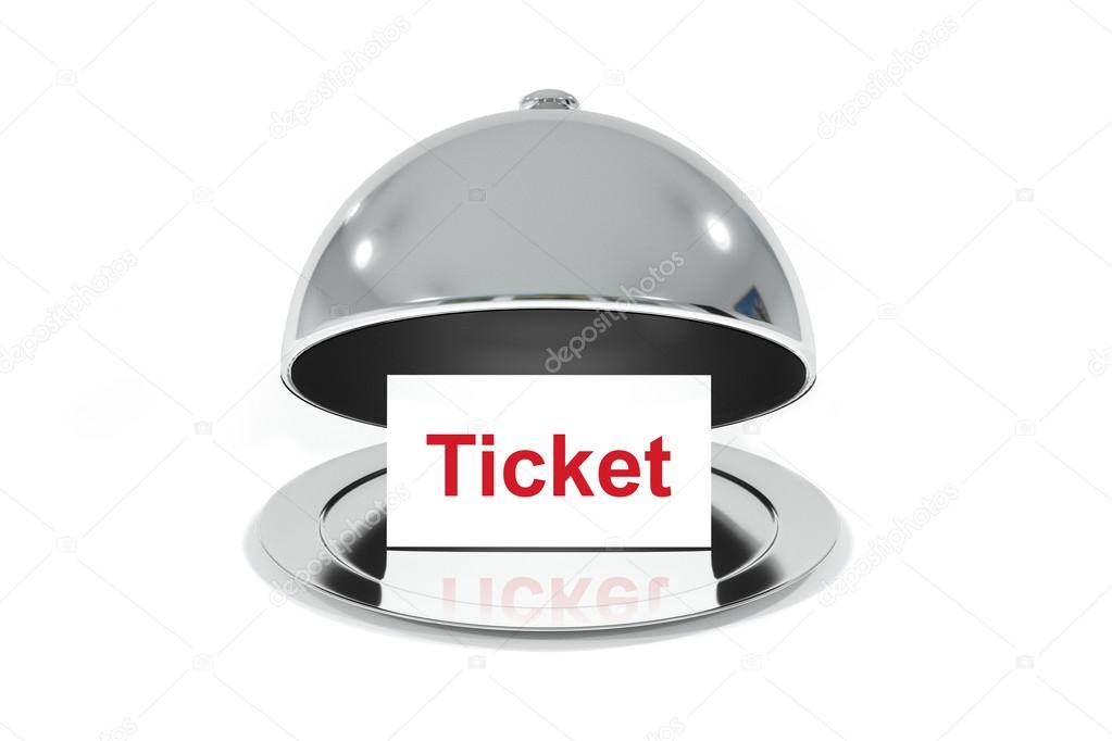 silver cloche with white sign ticket