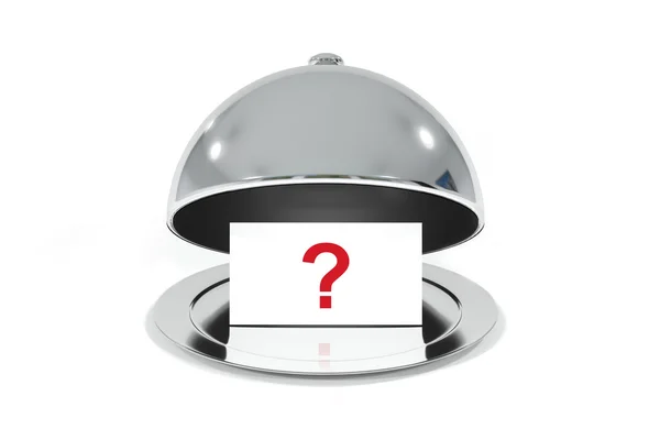 Silver cloche with white sign question mark — Stockfoto