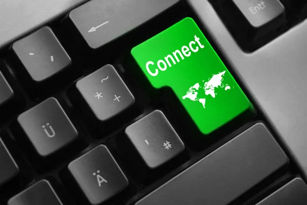 Tastatură verde introduceți butonul conectați harta lumii — Fotografie, imagine de stoc