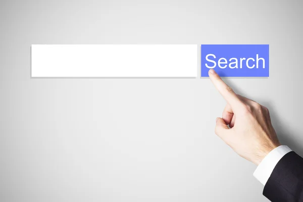 Finger pushing blue web search button — Stock Photo, Image