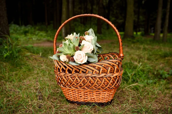 Wicker Basket Handle Bouquet Beautiful Fresh Flowers Stands Forest Clearing Stock Photo