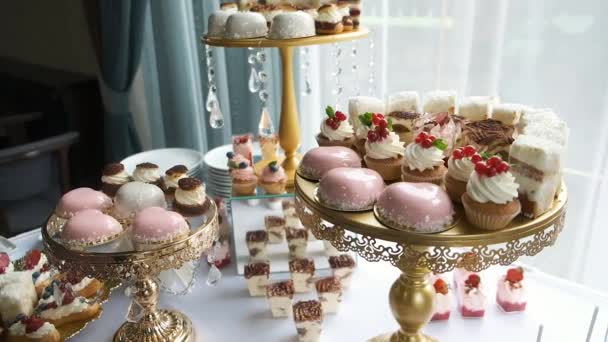 Candy bar. Buffet with delicacies at the wedding. Confectionery. Macaroons — Stock Video