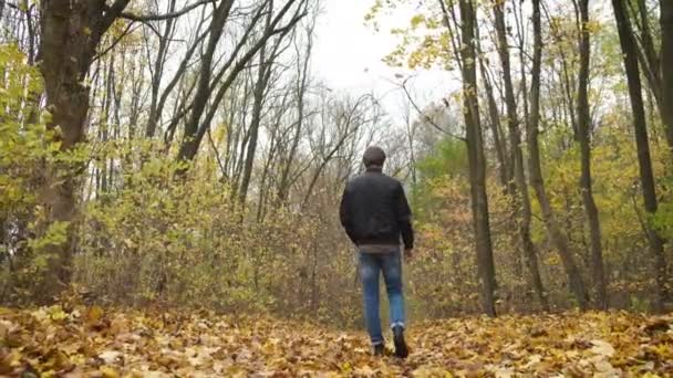 Een brutale man loopt in het bos en zwaait emotioneel met zijn hand. Depressie. Moeilijk op slechte dagen — Stockvideo