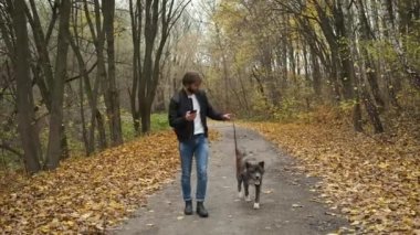 Sonbahar parkında elinde telefon, elinde internet kuryeleriyle köpek gezdiren beyaz bir adam.