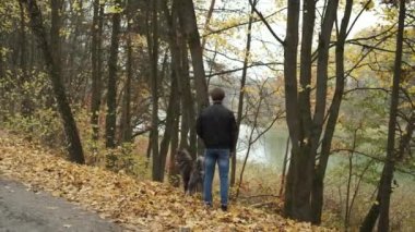 Sonbahar parkında köpeği gezdiren ve göle bakan beyaz bir adam. Sonbahar depresyonu ve yalnızlık