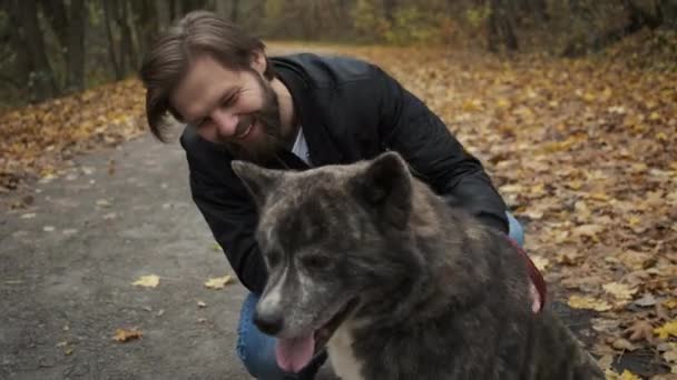 Hombre caucásico paseando a un perro en el parque de otoño. Amor y cuidado del perro — Vídeos de Stock