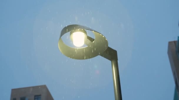 Neige tombe sur un lampadaire pendant les vacances d'hiver temps fabuleux — Video