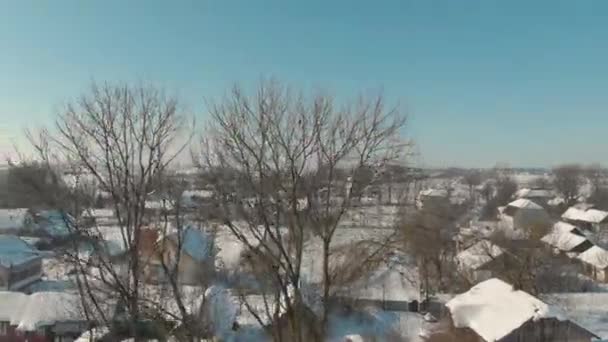 Lot dronem nad ukraińską osadą pokrytą śniegiem. Zimowa bajka. Zachód słońca w mroźną zimę — Wideo stockowe